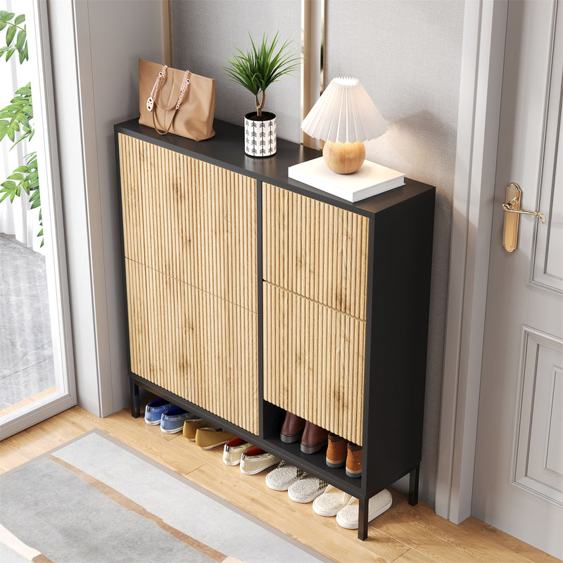 Schuhschrank mit Schuhwechselhocker und 3 Klappen, 100 x 100 x 25 cm - YB - WF230456458S - 9 - yorbiy.com
