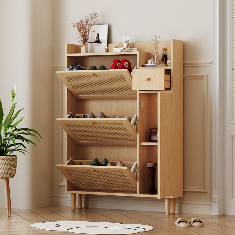 Schuhschrank aus Holzwerkstoff & Rattan, 90 x 125 x 17 cm - YB - WF317731AAP - 2 - yorbiy.com