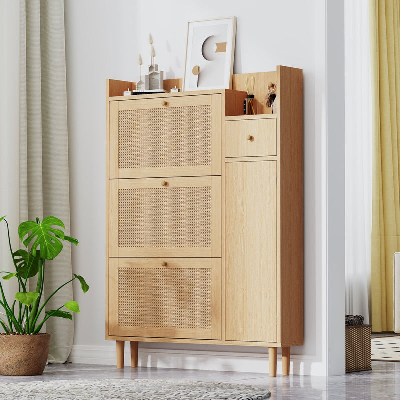 Schuhschrank aus Holzwerkstoff & Rattan, 90 x 125 x 17 cm - YB - WF317731AAP - 7 - yorbiy.com