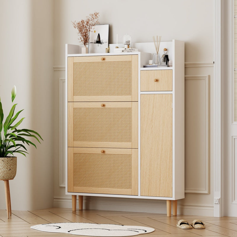 Schuhschrank aus Holzwerkstoff & Rattan, 90 x 125 x 17 cm - YB - WF317731AAW - 17 - yorbiy.com