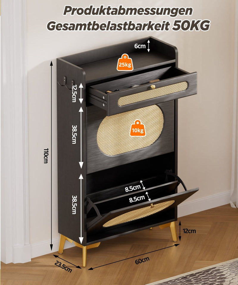 Yorbay Schuhschrank mit 2 Klappfächern & Schublade, 110,5 × 60 × 24 cm - YW002-D080 - 14 - yorbiy.com