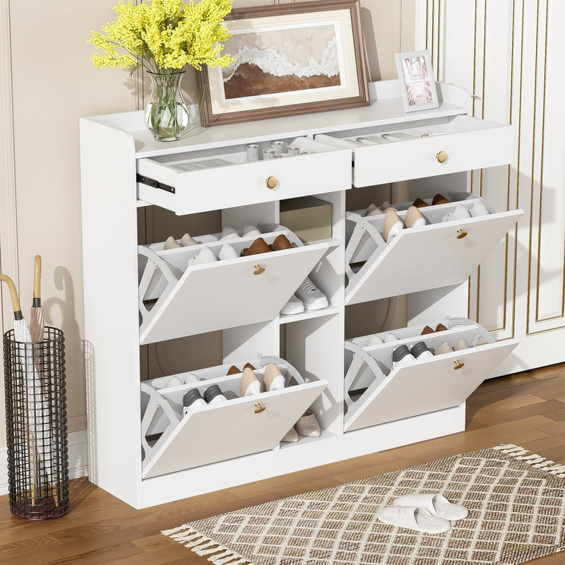 Schuhschrank mit 4 Klapptüren, 2 Schubladen und 3 offenen Fächern - YB - WF253010011W - 2 - yorbiy.com