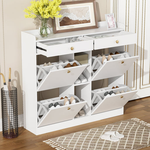 Schuhschrank mit 4 Klapptüren, 2 Schubladen und 3 offenen Fächern - YB - WF253010011W - 2 - yorbiy.com