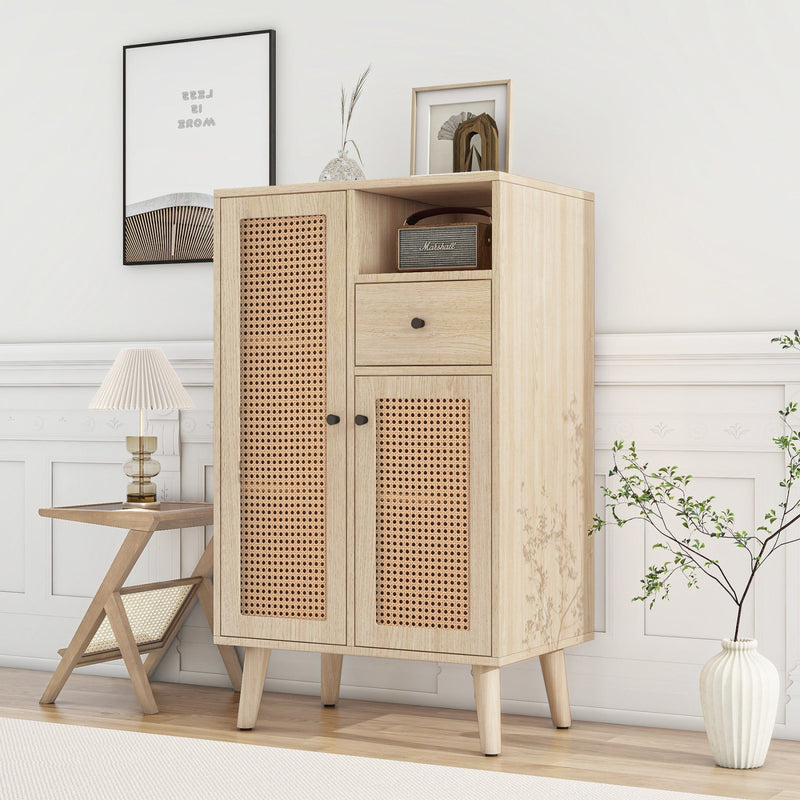 Sideboard in Holzoptik mit Rattantüren und Schublade, 60x40x101 cm - YB - WF316160OAA - 7 - yorbiy.com