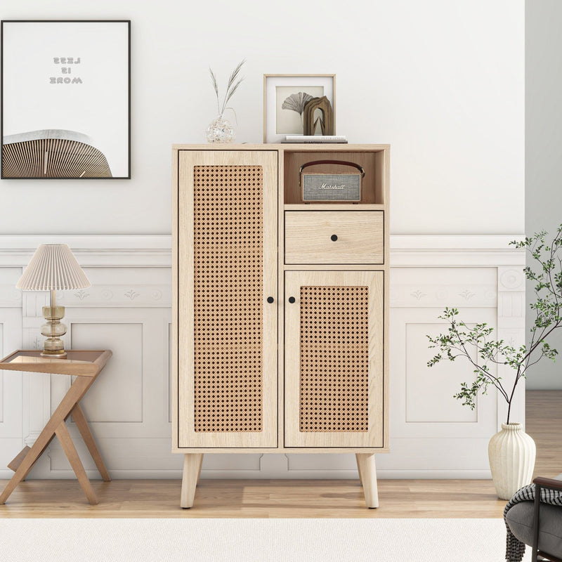 Sideboard in Holzoptik mit Rattantüren und Schublade, 60x40x101 cm - YB - WF316160OAA - 8 - yorbiy.com