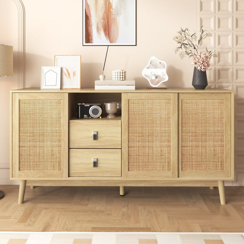 Sideboard mit Rattan - Schiebetüren und 2 Schubladen, 155 x 38 x 80 cm - YB - WF221073074O - 5 - yorbiy.com