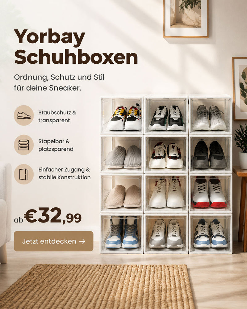 Schuhbox Set im Wohnzimmer, mit Produktangebot Infos (Handy Version in DE)