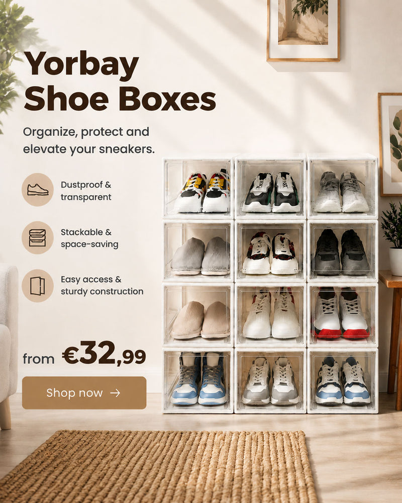 Schuhbox Set im Wohnzimmer, mit Produktangebot Infos (Handy Version in EN)