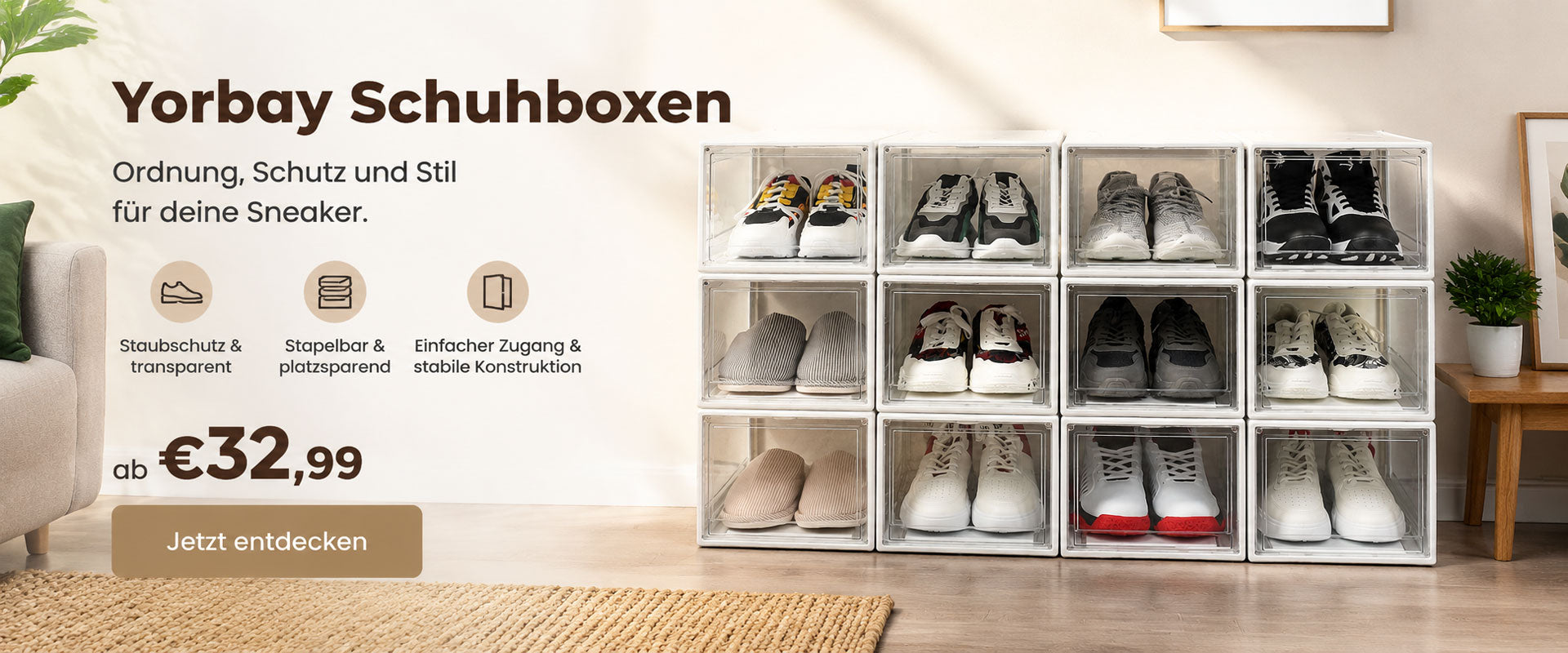 Schuhbox Set im Wohnzimmer, mit Produktangebot Infos (Desktop Version in DE)