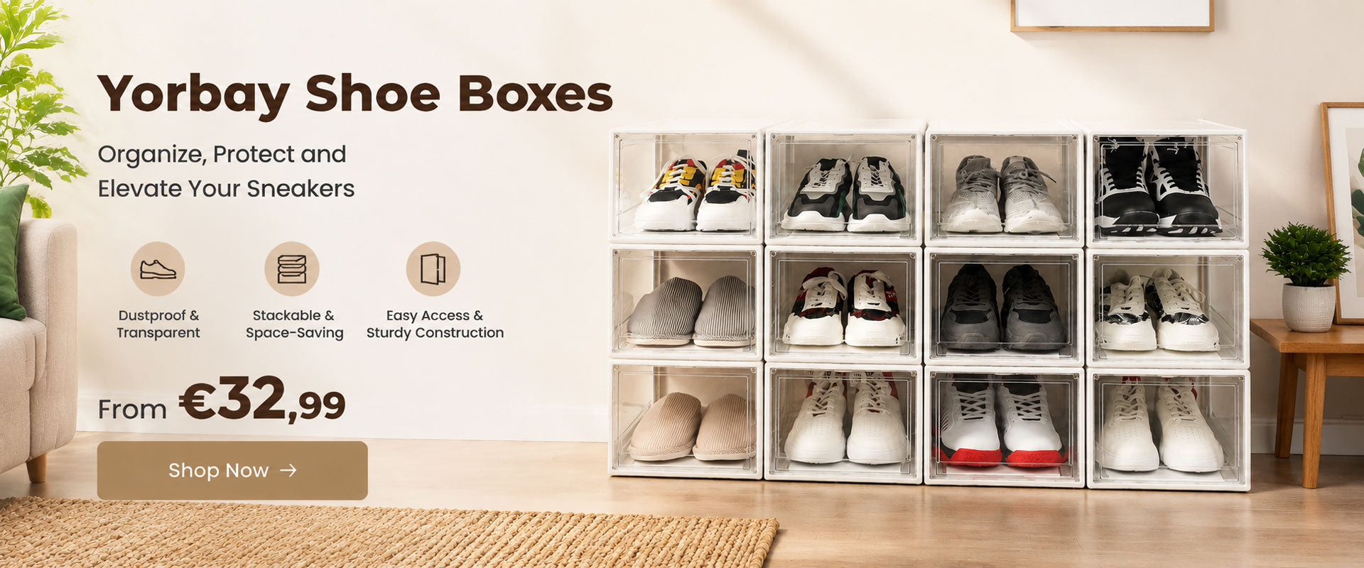 Schuhbox Set im Wohnzimmer, mit Produktangebot Infos (Desktop Version in EN)