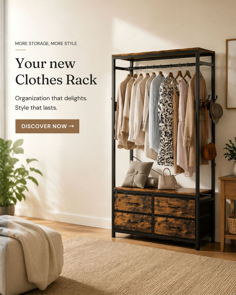 Modern clothing rack with metal frame and wooden drawers, neatly holding jackets and dresses. Bright room with a plant on the left and small wooden table with basket on the right.
