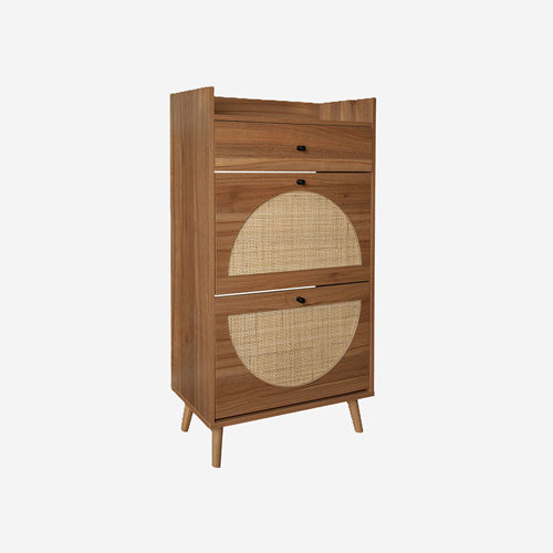 Schuhschrank-Kategoriediagramm. Schuhschrank in Braun mit 3 Schubladen für Schuhaufbewahrung.