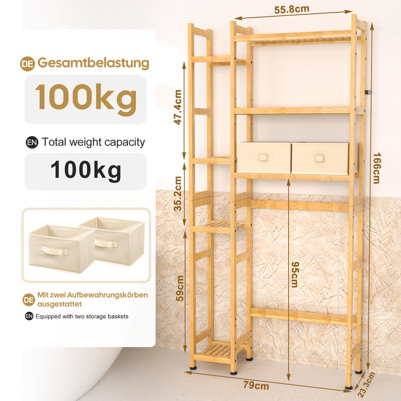 Yorbay Toilettenregal aus Bambus mit 2 Aufbewahrungsboxen und höhenverstellbaren Ablagen 6 - yorbiy.com