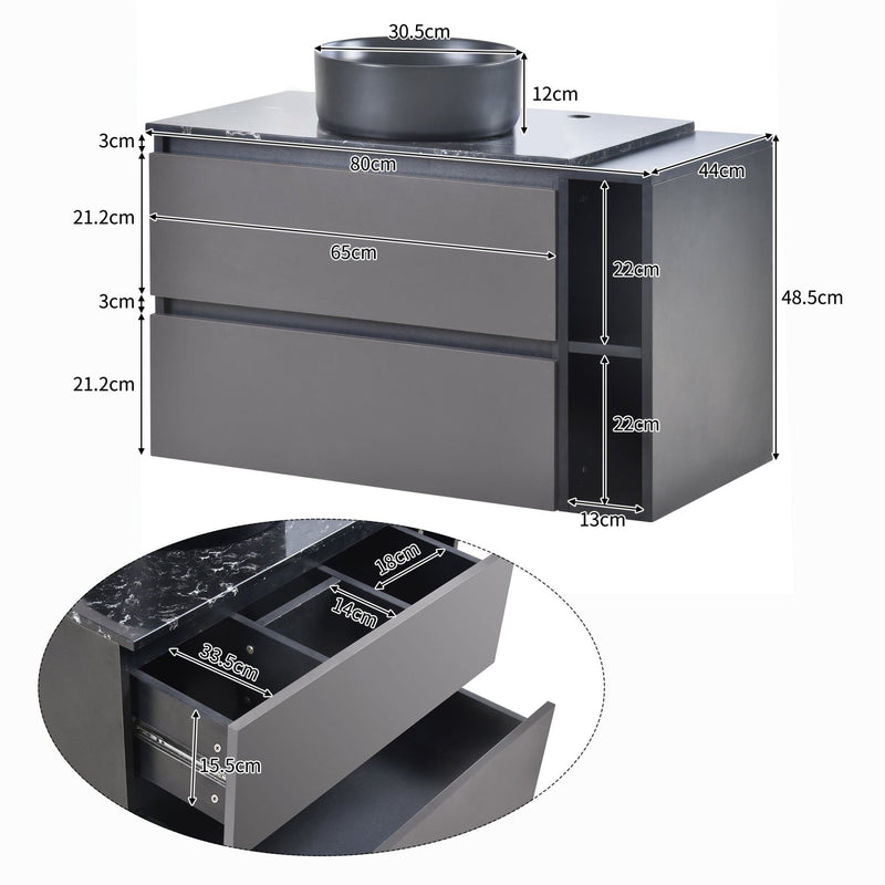 Waschbeckenunterschrank hängend 80 cm mit Keramikwaschbecken und Schubladen - YB - LY315889AAB - 3 - yorbiy.com