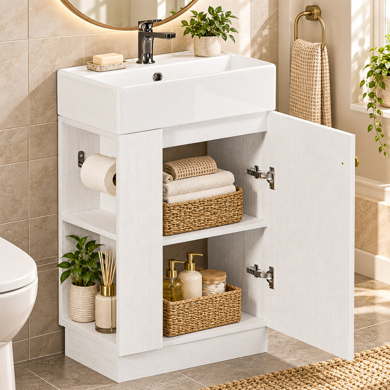 Yorbay Waschbeckenunterschrank mit Keramikbecken, Stauraum und Toilettenpapierhalter - YW032-D105 - 8 - yorbiy.com