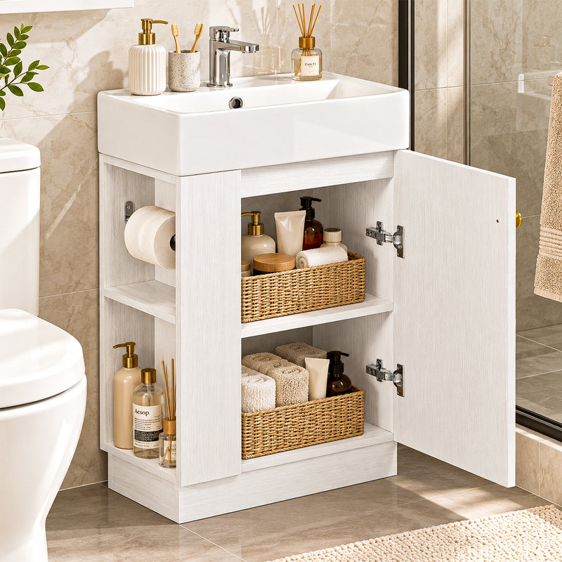 Yorbay Waschbeckenunterschrank mit Keramikbecken, Stauraum und Toilettenpapierhalter - YW032-D105 - 2 - yorbiy.com