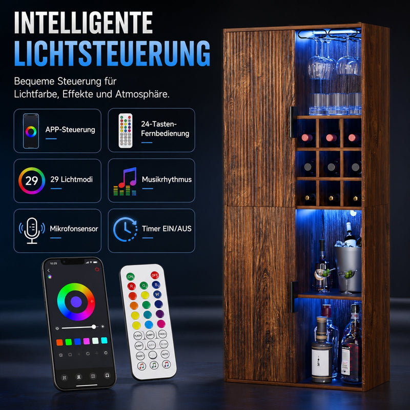 Yorbay Weinschrank mit LED-Beleuchtung 140 cm, mit Glashalter, 9er Weinfach & Türen - YW018-D087 - 5 - yorbiy.com