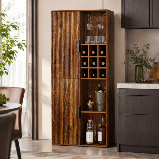 Yorbay Weinschrank mit LED-Beleuchtung 140 cm, mit Glashalter, 9er Weinfach & Türen - YW018-D087 - 2 - yorbiy.com